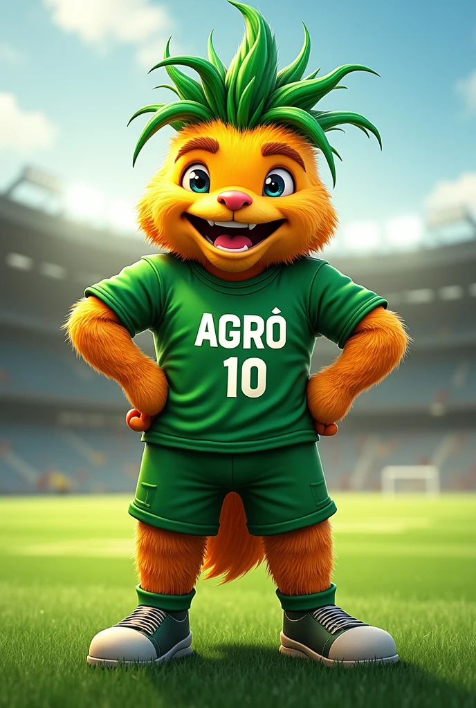 A sports mascot of a yucca with a green shirt that says "AGRO 10" with field background 
