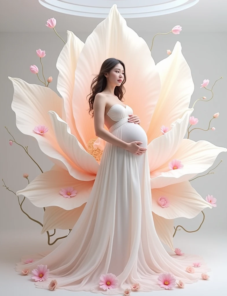 pregnant woman in a white dress standing in a large flower, digital art inspired by Igor Kieryluk, trending on cg society, digital art, maternal photography 4 k, perky woman made of petals, pregnant belly, stunning elegant pose, flower goddess, lady with glowing flowers dress, maternity feeling, dressed in a flower dress, photo manipulation, beautiful and graceful, pregnant