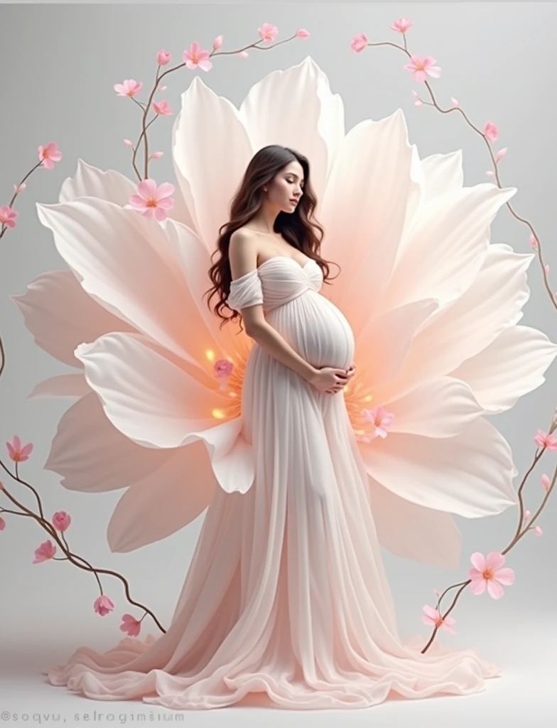 pregnant woman in a white dress standing in a large flower, digital art inspired by Igor Kieryluk, trending on cg society, digital art, maternal photography 4 k, perky woman made of petals, pregnant belly, stunning elegant pose, flower goddess, lady with glowing flowers dress, maternity feeling, dressed in a flower dress, photo manipulation, beautiful and graceful, pregnant