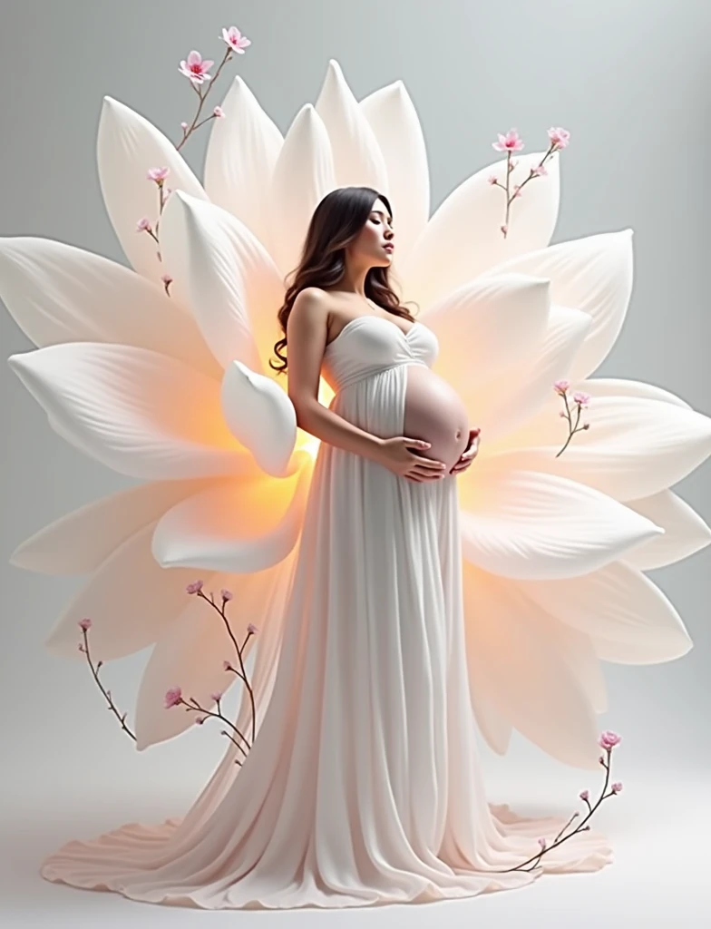 pregnant woman in a white dress standing in a large flower, digital art inspired by Igor Kieryluk, trending on cg society, digital art, maternal photography 4 k, perky woman made of petals, pregnant belly, stunning elegant pose, flower goddess, lady with glowing flowers dress, maternity feeling, dressed in a flower dress, photo manipulation, beautiful and graceful, pregnant