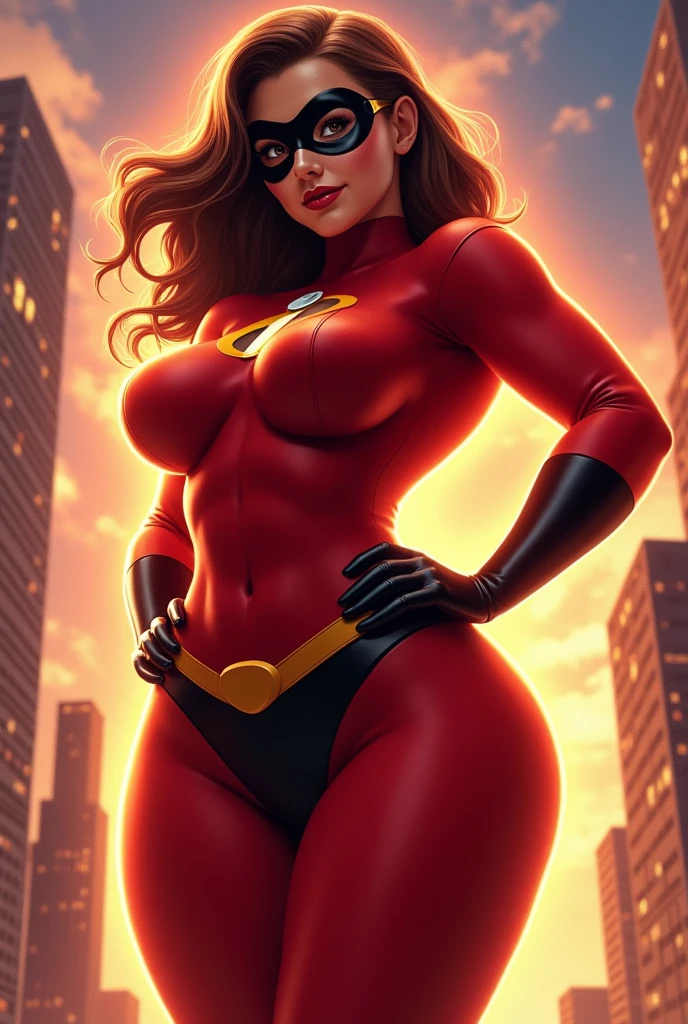 masterpiece, maximum quality, ultra high resolution, 8k, Helen Parr/Elastigirl (Movie The Incredibles), full body, thin, very detailed face, identical face, detailed eyes, mischievous smile, cheerful manner, wide hips, thick thighs, plump thighs, smooth and soft pellet, with her back to the camera, wearing micro suit