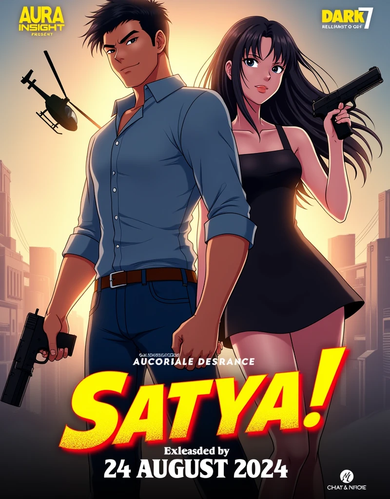 CREATE A ANIME STYLE MOVIE POSTER. Movie poster with a dynamic and action-packed style. The layout features two central figures, a man and a woman, standing closely together. The man has a fair skin, and short, styled black hair, wearing a blue shirt with rolled-up sleeves and jeans, holding a gun in his right hand. The woman has long, wavy dark hair, fair skin, and is dressed in a black, sleeveless dress with a short hemline, also holding a gun in her left hand. Both have intense facial expressions. The background includes a helicopter and a cityscape, suggesting an action setting. The title 'SATYA!' is prominently displayed in bold, yellow and red letters with a slight tilt, positioned at the bottom left. Additional text includes 'AURA INSIGHT' in yellow, 'PRESENT BY DARK7 ' in white, and the release date '24 AUGUST 2024' in large, white letters at the bottom center. The overall color scheme is vibrant, with a mix of warm and cool tones.