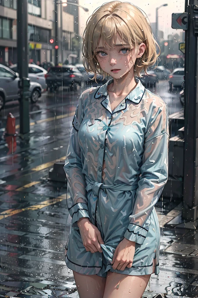 ((Soaking wet patterned and buttoned-up pyjama shirt)), All of the pyjama shirt is equally wet all over, teal-coloured shirt, soaking wet, drenched to the bone, Outside in the dark dimly lit streets, wearing nothing but her pyjama shirt, patterned shirt, soaking wet, heavy rainfall, caramel-blonde hair, gorgeous amazing eyes, depressed purple eyes, crying, sad, very dark, nighttime, pyjama shirt clinging to her body from the rain, very short hair, coloured pyjama shirt, naked below the waist, tiny breasts, revealing, fabric sticking to her skin, pavement, street, nude except for her shirt, 