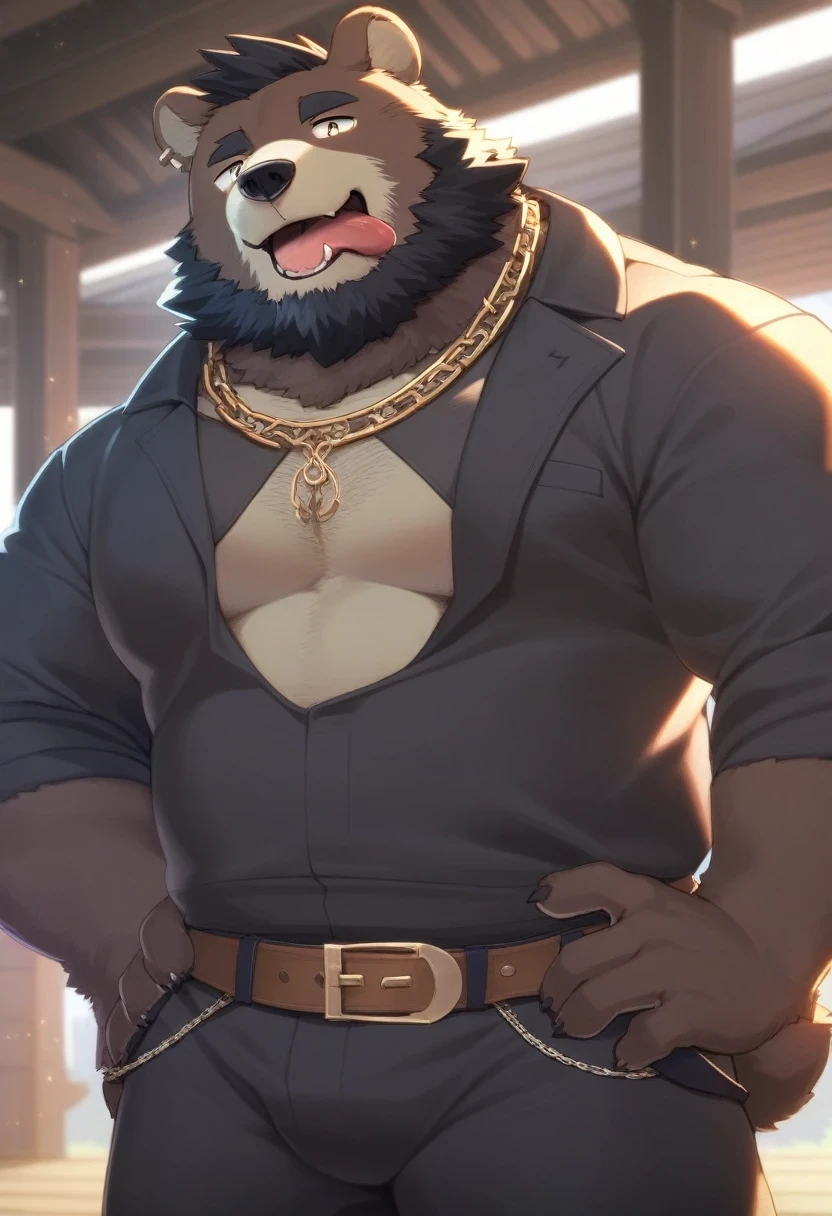 ((Masterpiece)), ((Best Quality)), (Very Detailed), ((Very Detailed)), 4K, (8K), very aesthetic, absurdres highres, 1 man, (anthropomorphic Bear, furry, kemono:1.5), male focus, solo, chain, facial hair, jewelry, necklace, triple thick chain necklace, tongue, what, beard, index finger, hand on own hip, open mouth, tongue out, belt