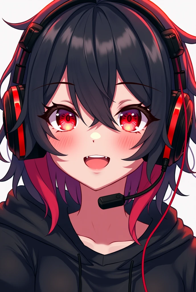 Light skin anime girl, crimson red eyes, messy black and red hair, With a light smile, wearing black and red gaming headsets and a black sweatshirt