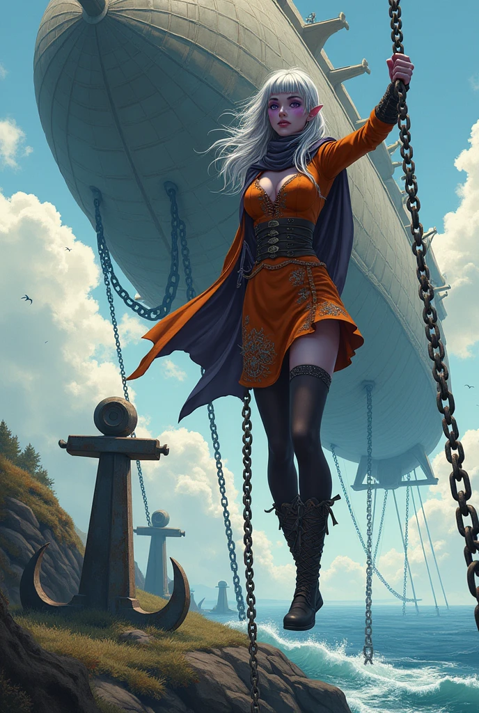 (Ultra-detailed face, looking away, Fantasy Illustration with Gothic, Ukiyo-e, Comic Art, Rich colors), 
BREAK 
(A female dark elf adventurer is triumphantly climbing a huge chain for moorings hanging from a very large airship in the sky. The chains are very thick and large, with each loop measuring about 1.5 meters. A strong wind is blowing, and the woman's hair and clothes are flapping in the wind.), 
BREAK 
(This place is close to the sea, and several anchors for mooring airships are fixed on a small hill, and a large chain connects the anchors to the airships in the sky above.), 
BREAK 
(DarkElves: A middle-aged female dark elf adventurer has long, messy silver hair, blunt bangs, dark purple skin, and lavender eyes.), 
BREAK 
(DarkElves: A female dark elf adventurer wears a wind-protective scarf around her neck, an embroidered orange Victorian blouse and skirt, and a short cape. She wears tight-fitting soft leather boots that reach her knees.)