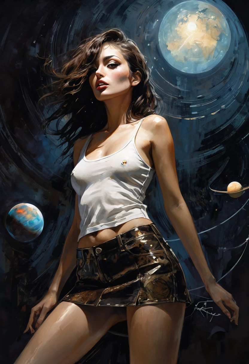 very long straight dark brown hair, small breasts, miniskirt, tank top, in space, stars, magic, planets, (best quality, 4k, 8k, high resolution, masterpiece: 1.2)eroticism, sexy, black and white image, between shadows, oil painting, chiaroscuro, sensual, dramatic lighting, moody atmosphere, photorealistic, intricate details, masterpiece, ultra-detailed, high quality, 8k, best quality, realistic, cinematic, dark and brooding, expressionistic, powerful composition, emotional impact, art inspired by Bill Sienkiewicz and Dave McKean, ultra detailed, (realistic, photorealistic, photorealistic: 1.37), intricate details, vivid colors, sharp focus, professional, artwork by Dave McKean, surrealism touch oil, oil painting style, portrait, woman, beautiful detailed eyes, beautiful detailed lips, dreamy atmosphere, shadow play, soft lighting, fun pose, dark tones, ethereal background, fantasy elements, texture, layered composition, {{{,{pussy,spread her pussy,cum,cum on pussy,masterbation,straddling,y}}},cute,ultra detailed skin,sketch}}, art inspired by Bill Sienkiewicz and Dave McKean