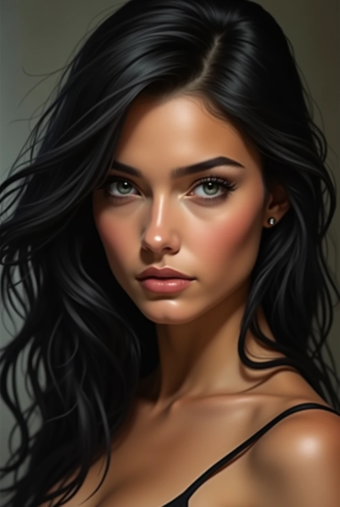woman black hair gray eyes tan skin