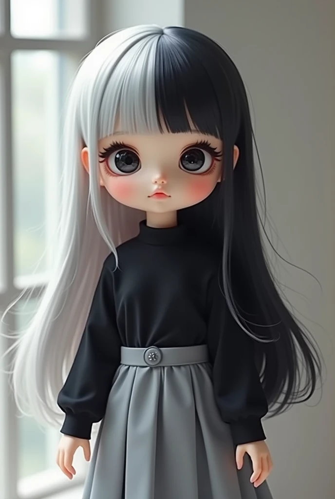An anime style doll with a round head and black eyes, long hair, half of which is gray, the other half is black, a black long sleeve shirt and a gray skirt.