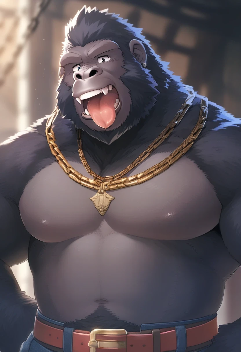 ((Masterpiece)), ((Best Quality)), (Very Detailed), ((Very Detailed)), 4K, (8K), very aesthetic, absurdres highres, 1 man, (anthropomorphic gorilla, furry, kemono:1.5),  male focus, solo, chain, facial hair, jewelry, necklace, triple thick chain necklace, tongue, what, beard, index finger, hand on own hip, open mouth, tongue out, belt

