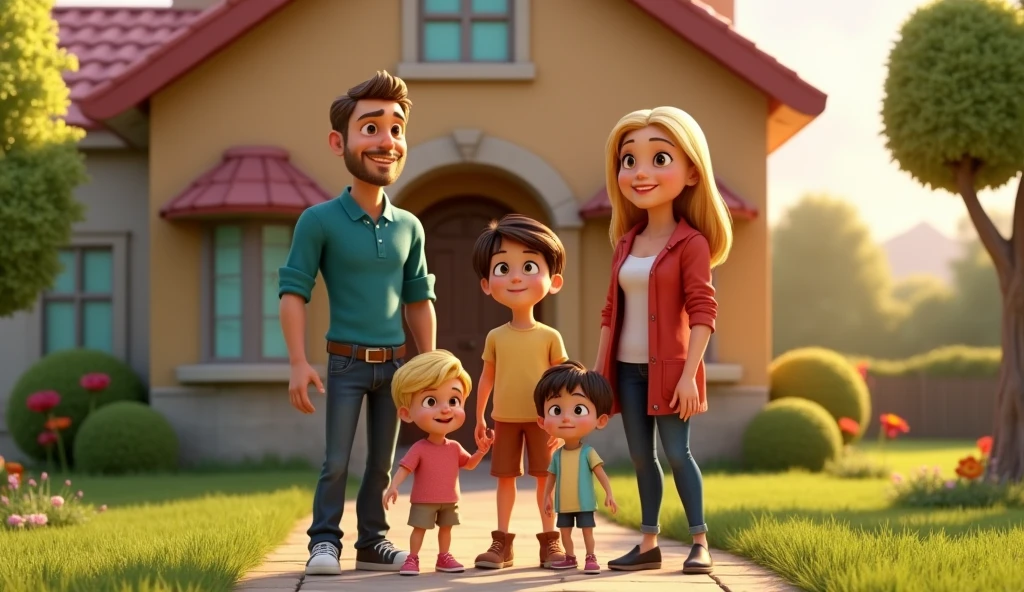 Im Stil von Pixar 3D-Animation filmen (Caricature). A nice family in front of their house, Father, Anya, 1 son, 1 blonde daughter. Next to them stands a 30-year-old ugly man with blond disheveled hair, he looks greedily at his daughter.