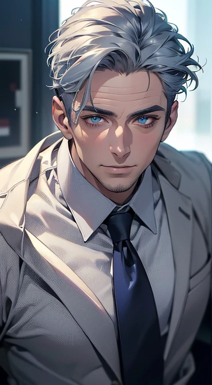 (best quality,4k,8k,highres,masterpiece:1.2),ultra-detailed,(realistic,photorealistic,photo-realistic:1.37),1 man,3,mature man,very handsome,without expression,smile,short grey blue hair,blue eyes,penetrating gaze,perfect face without errors,imposing posture,businessman,office background,cinematic lighting,hdr image