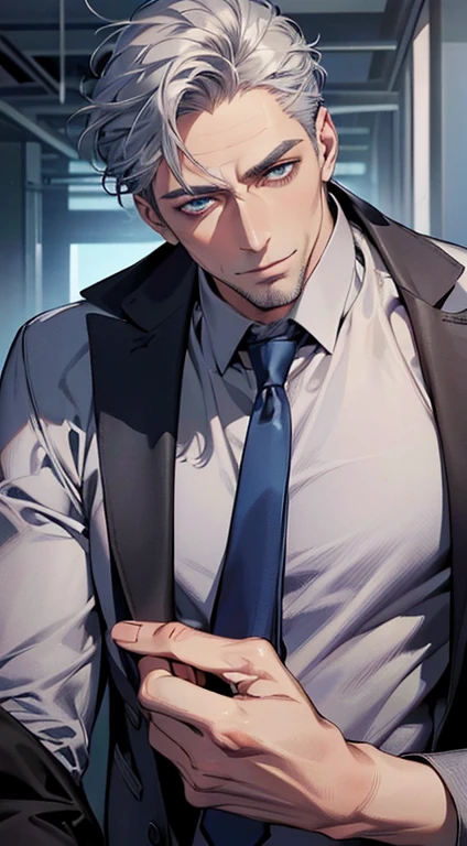 (best quality,4k,8k,highres,masterpiece:1.2),ultra-detailed,(realistic,photorealistic,photo-realistic:1.37),1 man,3,mature man,very handsome,without expression,smile,short grey blue hair,blue eyes,penetrating gaze,perfect face without errors,imposing posture,businessman,office background,cinematic lighting,hdr image