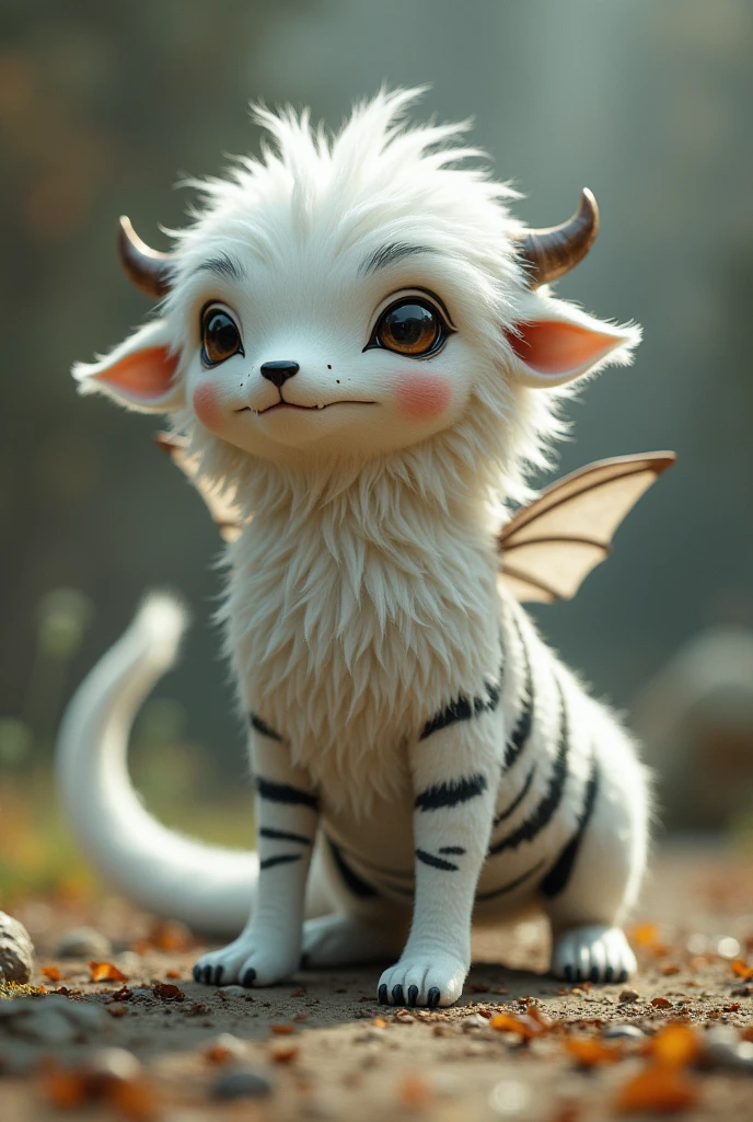 A creature that has a cylindrical body, an elongated head, two eyes, a small black nose, floppy ears, a long fluffy tail, a pair of wings, that has eight legs and that the color of its fur is white with black stripes