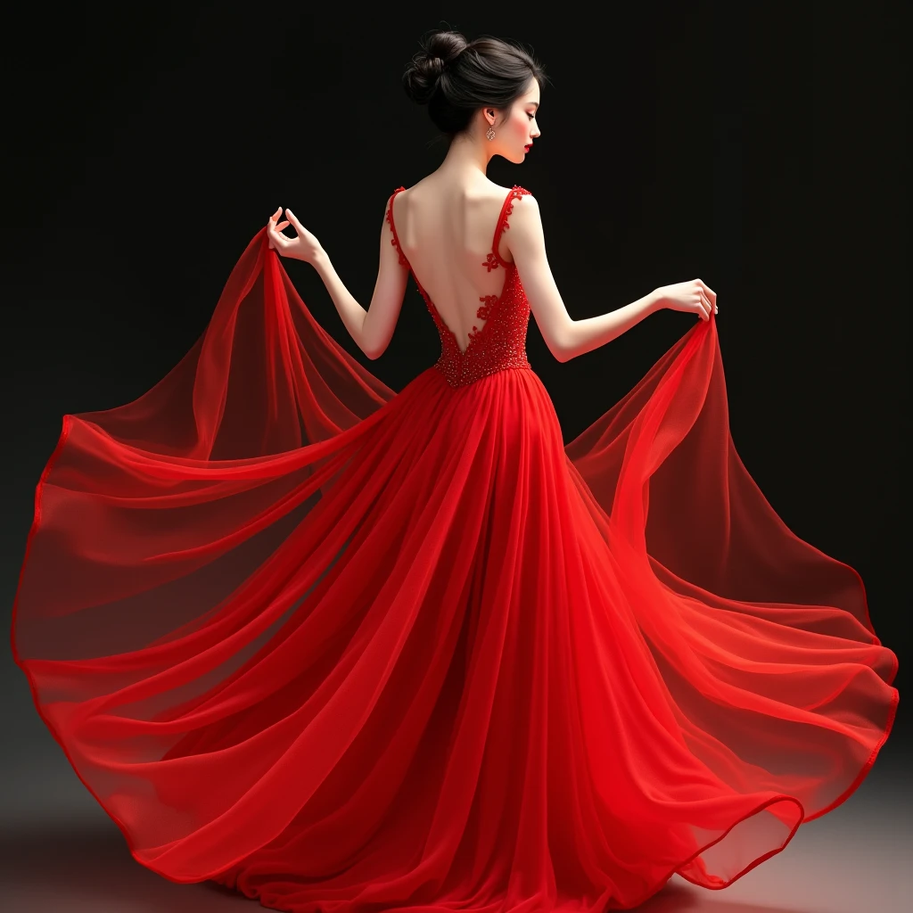 Realistic drawing of a beautiful woman who is covered by the beautiful silky and transparent fabrics of her beautiful bright red dress, which seems taken from a story, It is a large dress with a skirt and fitted at the waist., with an opening in the back, The woman plays with a transparent fabric, the same as her dress, which covers a little of her., You can see her back and her jet black hair in a perfect bun. black background and white glow