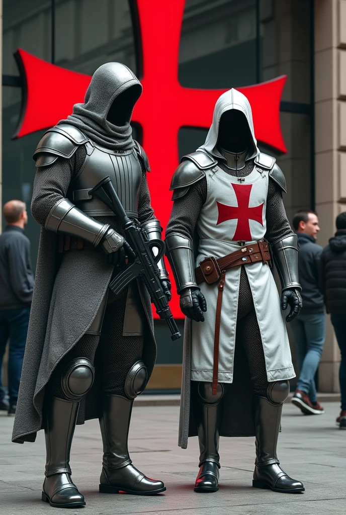 Two modern soldiers merging with Templar armor , gray steel chainmail uniform , modern hood modern white vest with a red templar cross,modern military boots, gun in hand, guarding a bank door with a large red cross on the door with civilians walking nearby
