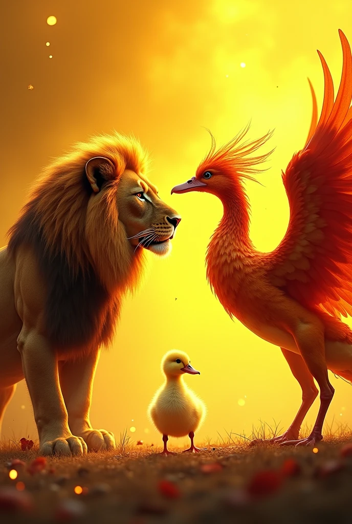 A lion and a phoenix together and a duckling in the middle and everything realistic and with an intense yellow background with fire