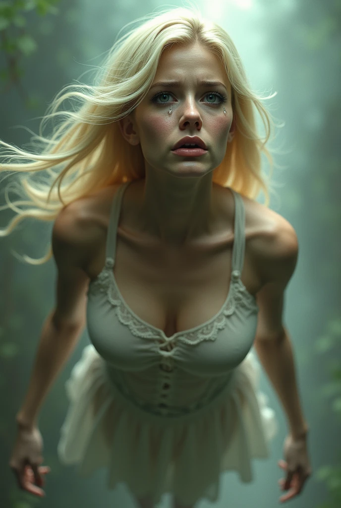 Blonde with very big breasts in the air crying 