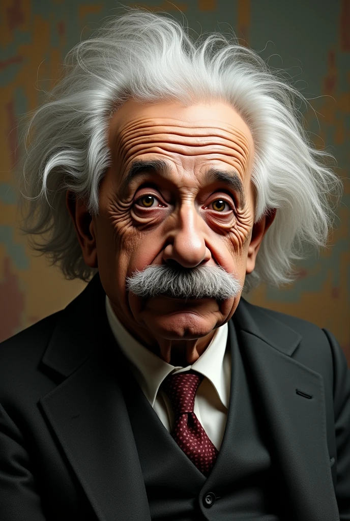 Create an Albert Einstein face and shoulders with messy hair, with dark, smoother face and fewer wrinkles, vintage background, Hyper-Realism