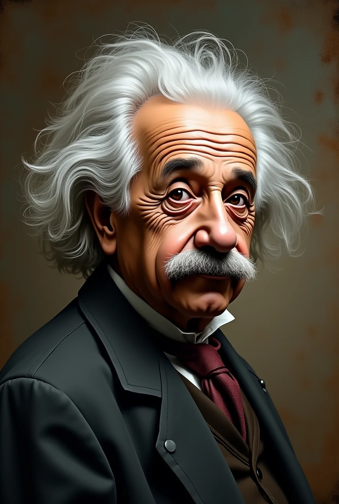 Create an Albert Einstein face and shoulders with messy hair, with dark, smoother face and fewer wrinkles, vintage background, Hyper-Realism