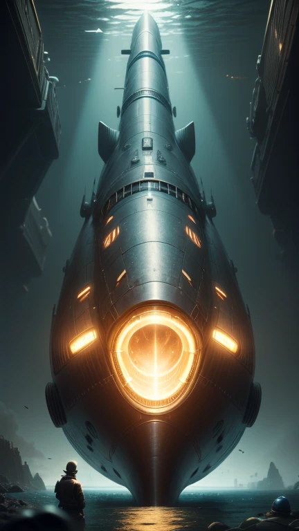 Fantasy,8k,Extremely detailed, masterpiece,High resolution,Highest quality,Increase the resolution,Cinema Lighting,Different space,6-dimensional world,Giant submarine,Steampunk submarines,Ancient Undersea City,deep sea,Japan Trench,Dazzling Light,In the vast ocean,眼下にAncient Undersea Cityが広がる、vast composition,School of sardines