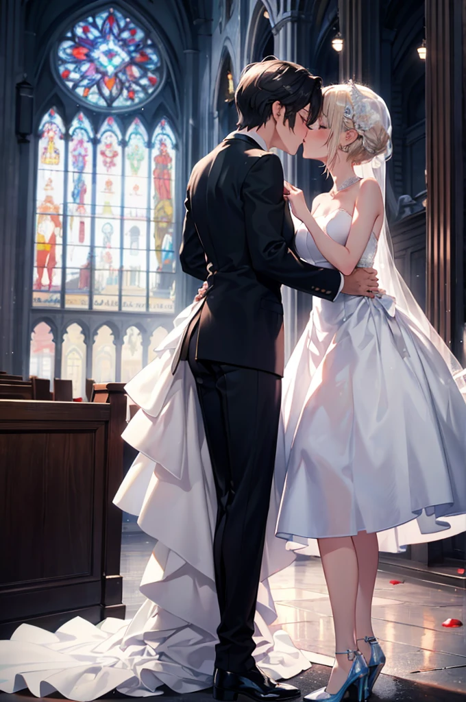 (masterpiece), 4K,{{{2 women}}}, Wedding dress,tuxedo,Lesbian,shoes,Random Hairstyles,headgear, wedding,church,牧師の前で誓いのkiss,kiss,Shooting from afar