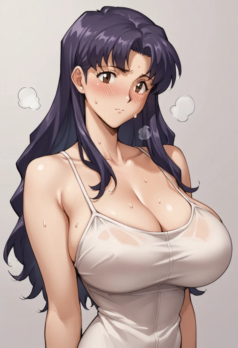 Huge breasts、blush、Sweat、In the heat、EPngeKatsuragiMisato, purple hair, brown eyes, long hair,
{Highest quality}, {so beautiful}, {Very detailed}, {Best illustrations},Life、slim:1.5、Camisole long maxi dress(tight)、Are standing