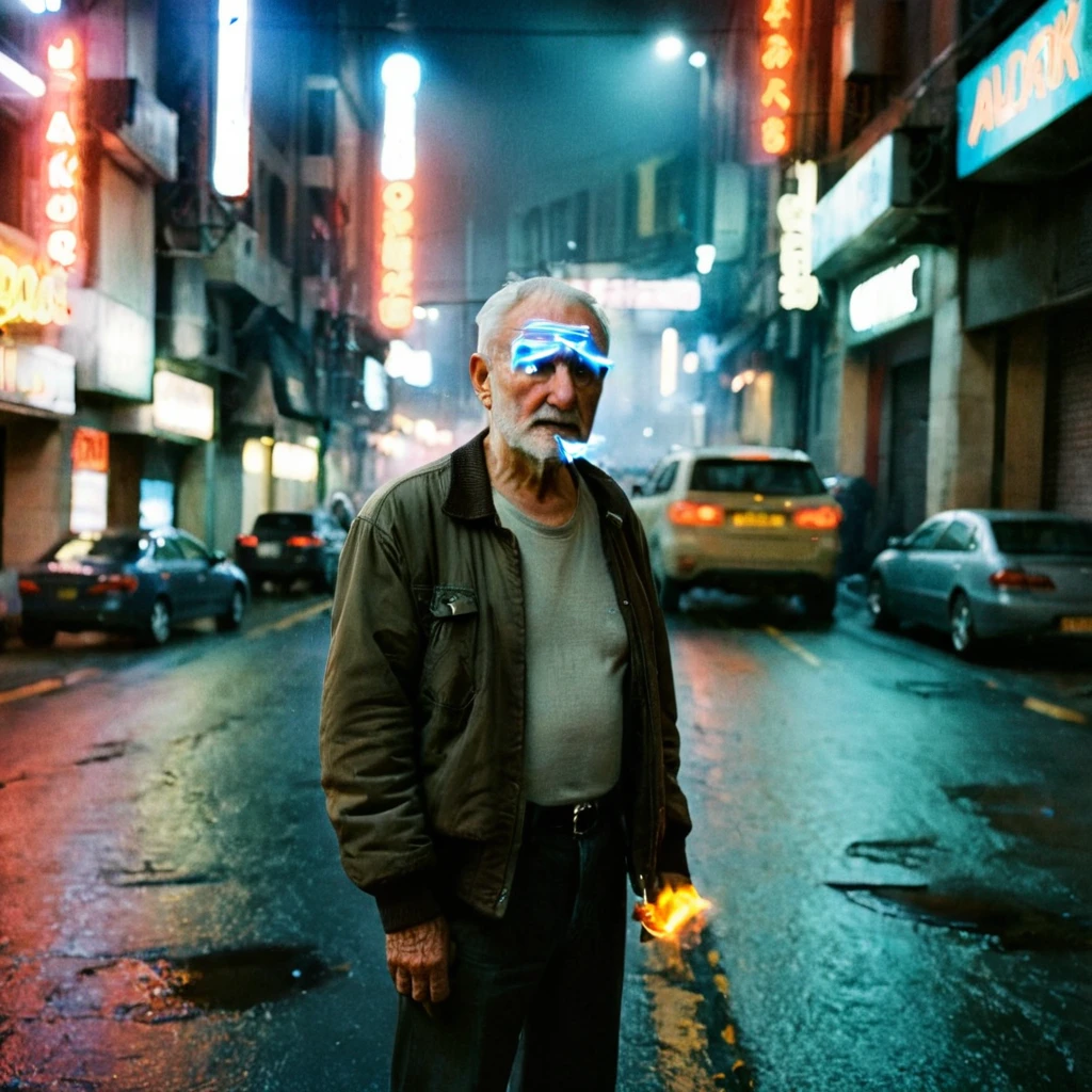 (masterpiece, 8k, best quality:1.2), album cover shoot, photorealistic, hyper detailed, cinematic, sad, arri alexa 65, film, portra 400, an old man, the old is in the middle of a distopian blade runner type street, the old man is the very essence of "broken and bowed", neon and haze and cars and flying cars and people all ignoring this man, night time, medium grain