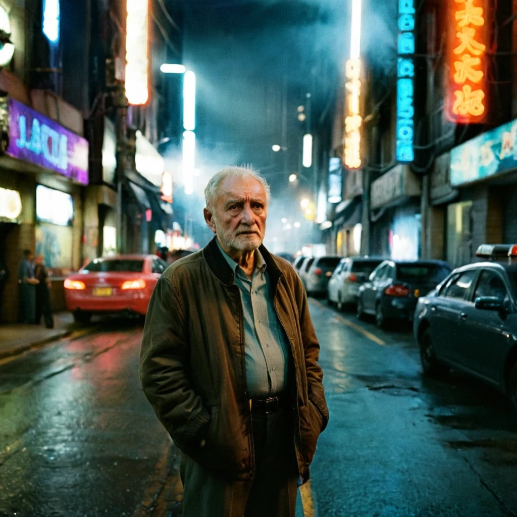 (masterpiece, 8k, best quality:1.2), album cover shoot, photorealistic, hyper detailed, cinematic, sad, arri alexa 65, film, portra 400, an old man, the old is in the middle of a distopian blade runner type street, the old man is the very essence of "broken and bowed", neon and haze and cars and flying cars and people all ignoring this man, night time, medium grain