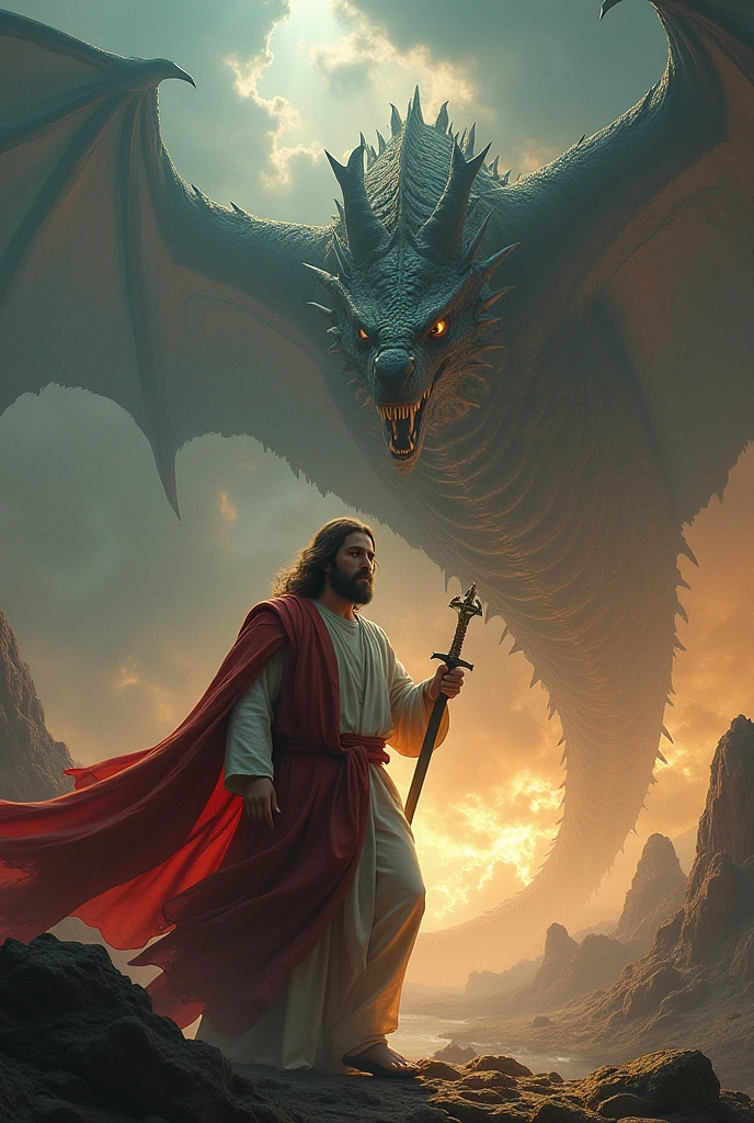 Jesus Christ riding a fire-breathing dragon in Sodom and Gomorrah, manga style