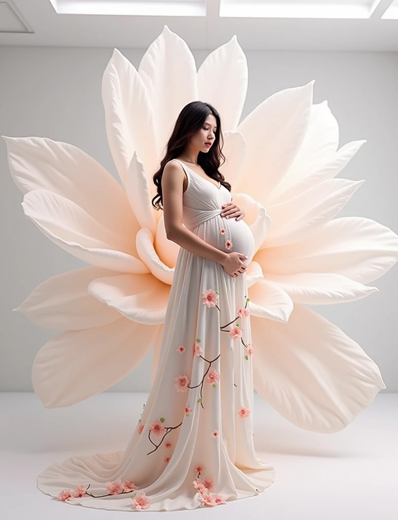pregnant woman in a white dress standing in a large flower, digital art inspired by Igor Kieryluk, trending on cg society, digital art, maternal photography 4 k, perky woman made of petals, pregnant belly, stunning elegant pose, flower goddess, lady with glowing flowers dress, maternity feeling, dressed in a flower dress, photo manipulation, beautiful and graceful, pregnant