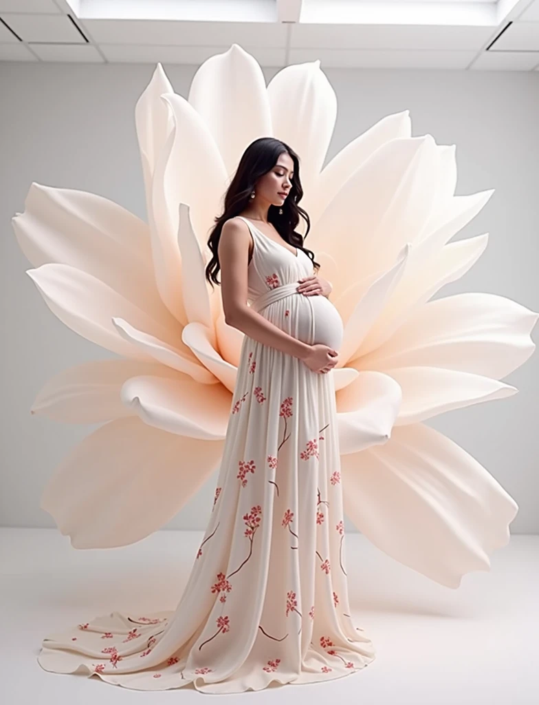 pregnant woman in a white dress standing in a large flower, digital art inspired by Igor Kieryluk, trending on cg society, digital art, maternal photography 4 k, perky woman made of petals, pregnant belly, stunning elegant pose, flower goddess, lady with glowing flowers dress, maternity feeling, dressed in a flower dress, photo manipulation, beautiful and graceful, pregnant