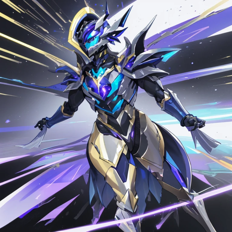 É um homem. The image presents a highly detailed and futuristic armor designed for a male warrior. The armor combines elements from different parts to create a cohesive and powerful look.
Helmet: The helmet features a sleek, aerodynamic design with a golden metallic finish. It has a central crest that rises upwards, and the visor glows with a bright blue light, giving it a high-tech, futuristic appearance.
Pauldrons (Shoulder Pads): The shoulder pads are large and wing-like, curving outward and upward, with a polished golden finish. These pads extend slightly beyond the shoulders and include a sleek, angular design, providing both a majestic and powerful look.
Chest Plate: The chest plate is intricately segmented, with a combination of gold and dark metallic blue. It has a gem-like crystal in the center that emits a soft, mystical glow. The design of the chest plate is both protective and regal, with sharp, angular lines that add to the overall futuristic aesthetic.
Arm Guards: The arm guards are sleek and streamlined, with articulated golden and purple segments that offer flexibility and protection. The design of the gauntlets is both robust and elegant, incorporating futuristic elements that blend with the classic style.
Leg Armor: The legs are armored with segmented plates that are primarily gold and purple. The boots are angular and sturdy, with a design that conveys both strength and agility. The overall look of the leg armor is grounded yet sleek, completing the ensemble with a powerful stance.
The background of the image is a dark cosmic scene, filled with distant stars and nebulae that highlight the polished surfaces of the armor. Dynamic lighting is used to emphasize the key features, particularly the glowing visor and central chest gem, reinforcing the mystical and imposing nature of the warrior.