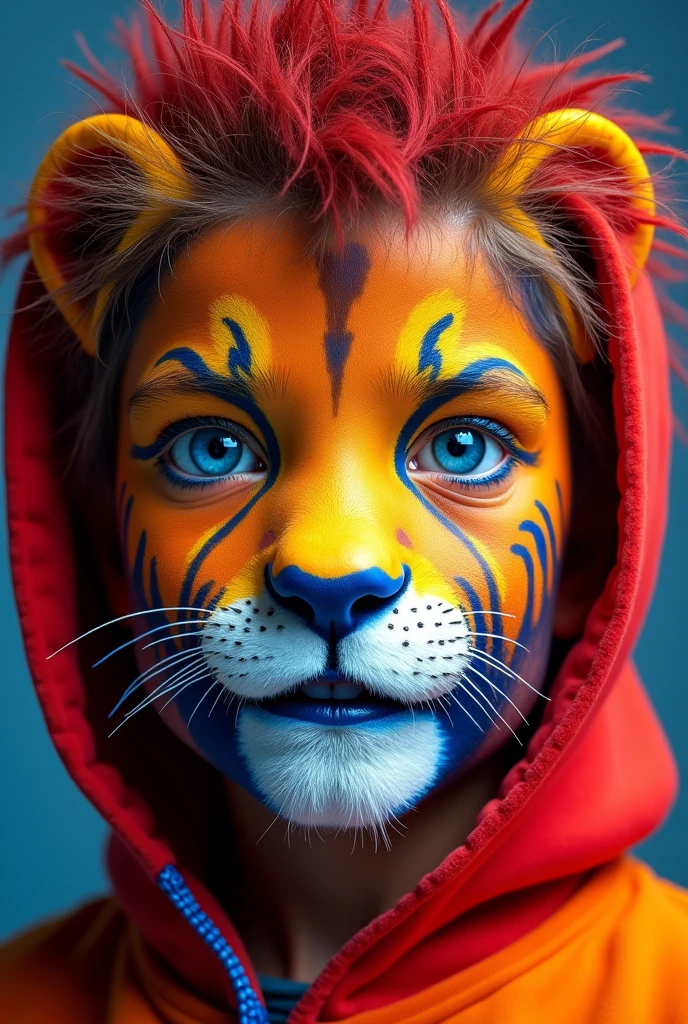 Create a lion face with primary colors paint for a blue-eyed boy