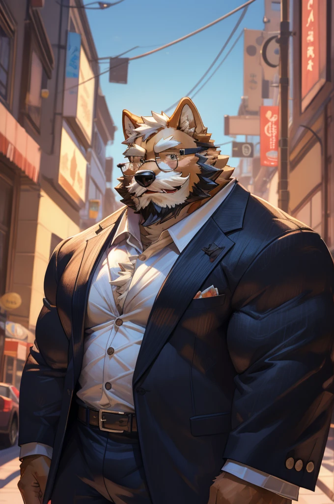 1boy, 1man, solo, a (furry Shiba Inu) standing, (face, detailed face, bearded, white beard, thick mustache, glasses), city , front view, massive muscular , sixpack, (suits), well-muscled old man. ((thick arms, huge pec, huge arms)), wide smiling. Add textures and details to make the image more realistic, such as the appearance of the. Make sure the resulting image is high resolution, 8K quality