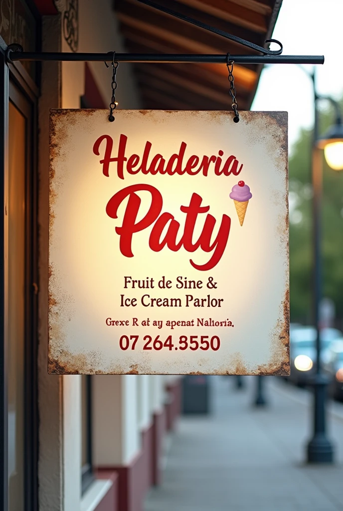 Generate me a small horizontal sign, for a fruit shop, that has the name of a fruit shop & heladeria Paty, along with addresses:3224025782, something with light colors that is not too saturated with fruits and such