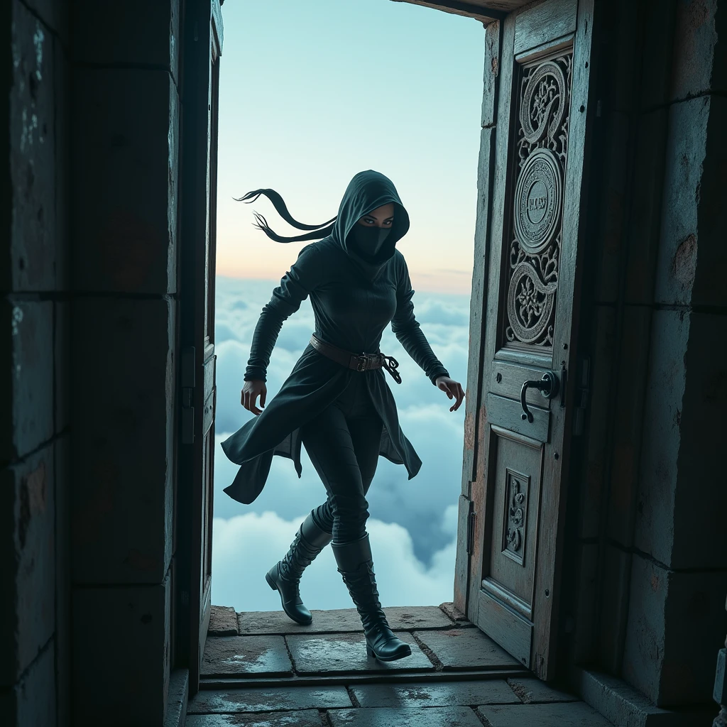 A female ninja sneaks in through a window on the top floor of a tower that seems to reach the clouds.、Dungeons＆Dragons