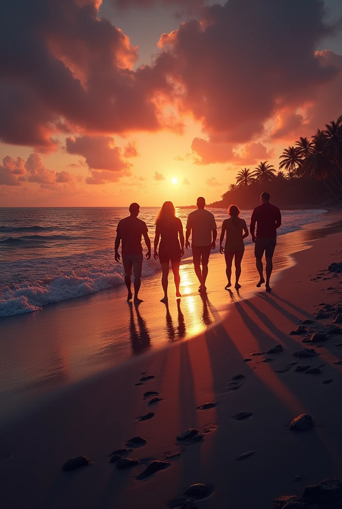Background:
A dramatic sunset over the Bahamian waters, with the sky awash in deep oranges, purples, and reds. The sun is half-submerged on the horizon, casting a warm glow over the scene.
The ocean is depicted with gentle waves, but with a slight undercurrent of darkness, hinting at the tension in the story. The water closer to the foreground could have a slightly darker, more ominous tone, suggesting the hidden dangers lurking beneath the surface.
· Central Image:
A small, isolated beach with footprints leading towards the water, symbolizing the journey and the tension of the storyline. The footprints could gradually fade into the water, symbolizing the uncertainty and risk ahead.
In the distance, a silhouette of a private island is visible, with a luxurious but slightly shadowed villa perched on the edge of the land, giving a sense of wealth and mystery.
· Character Silhouettes:
In the foreground, you could have subtle silhouettes of the main characters (Hutch and his team) standing on the beach, looking out towards the island. This would suggest their focus on the mission, adding a sense of anticipation and readiness.
One character, likely Hutch, could be slightly more prominent, holding a piece of equipment or a map, emphasizing his leadership role.