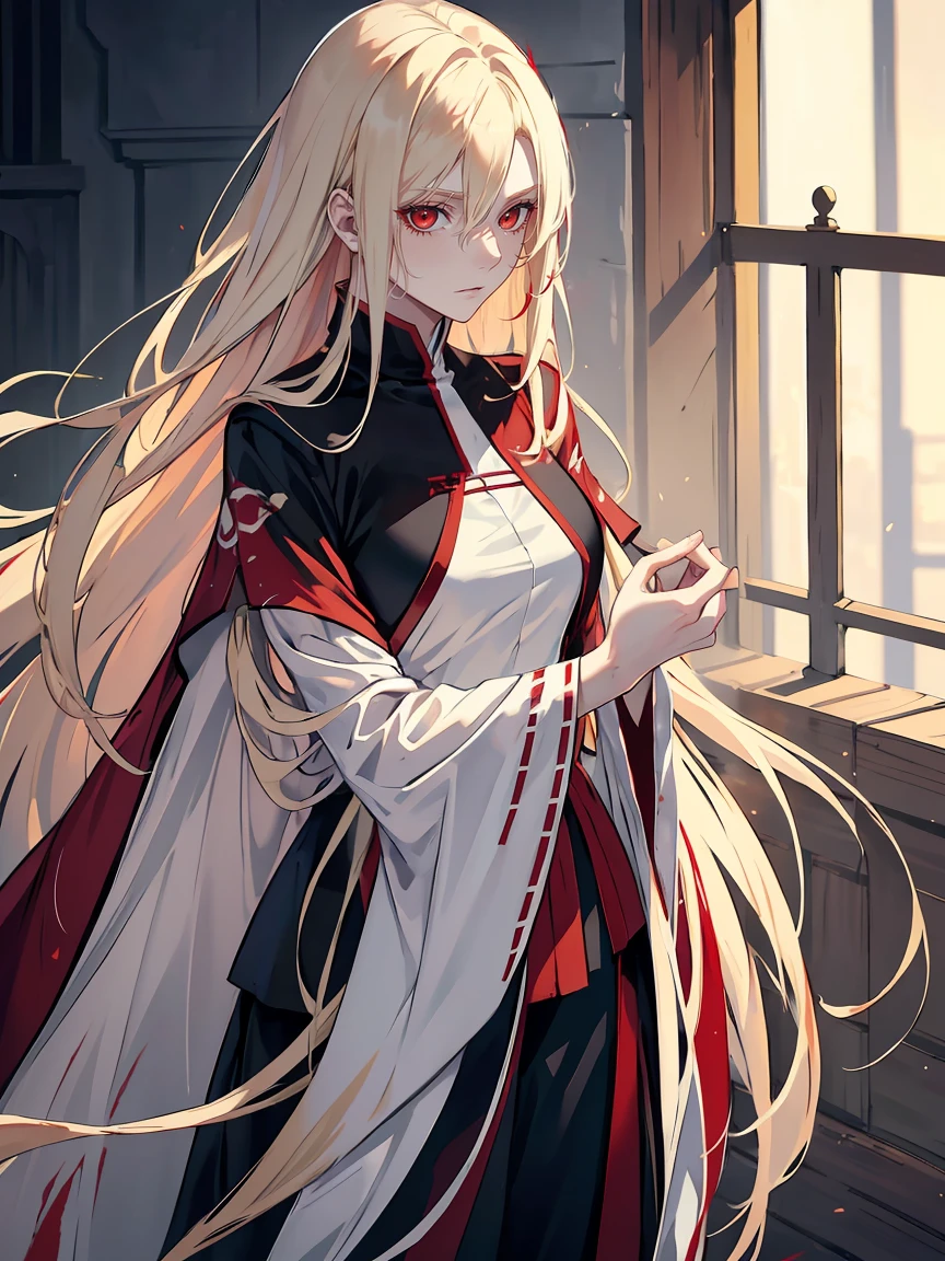 handsome girl,dark red-eyes,red pupils,Long pale blonde hair,Hyperresolution,accuracy,Detailed rendering,(Subtle facial image)(Image of fine hair)(topquality)(Masterpieces of masters)(High degree of completeness)(A sense of atmosphere)tmasterpiece,Super detailed and super detailed(half-body portrait)Bleach OC character, long pale blonde hair with red streaks, face scar, red eyes, long straight hair, ankle length straight hair, bleach lieutenant, wearing a Shihakushō, bored expression, (((FIGHTER OUTFIT)))