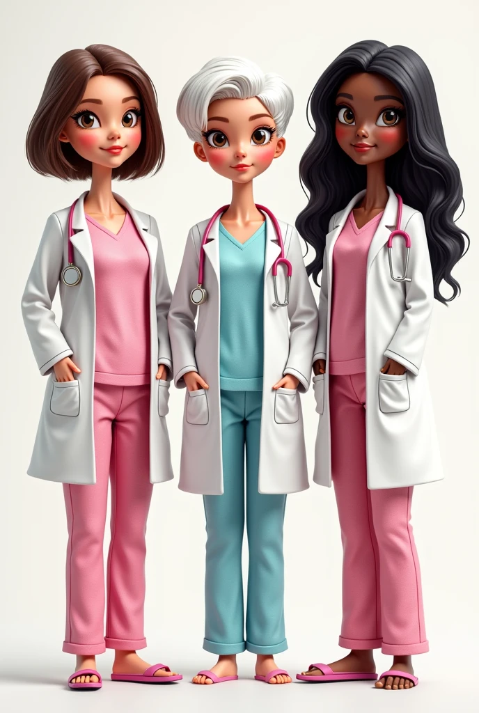 Create 3 Barbie-type caricatures with medical pajamas and a doctor&#39;s coat, one of them being a 40-year-old chubby lady with short brown hair and a medium-sized body. , brown eyes, the other one is thin, has an hourglass body and has short white hair, brown eyes, and the other one has long curly black hair and black eyes. ,adult women the one with white hair who is taller than the other two