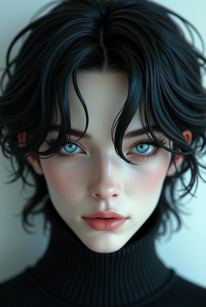 create a beautiful male human, with totally striking beauty, 2 with fair skin, blue eyes and extremely dark hair (blackw) 