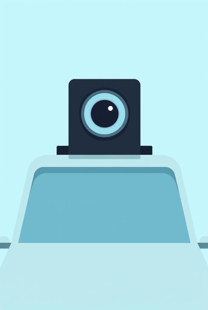 A simple flat color vectorized logo icon such as black and light blue has to be minimalist, the image should represent the lens of a video camera on top of a car using flat colors without any shadows or effects.