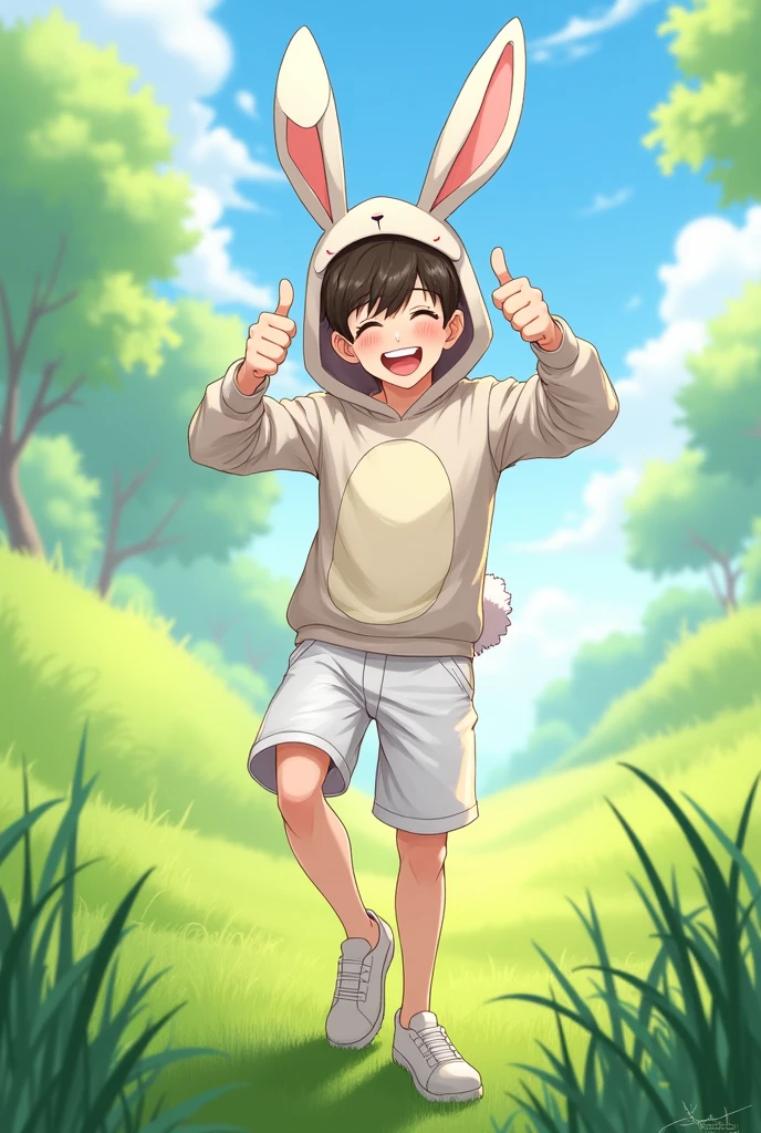male with shorts and white shirt and rabbit costume giving thumbs up and winking in a green field anime