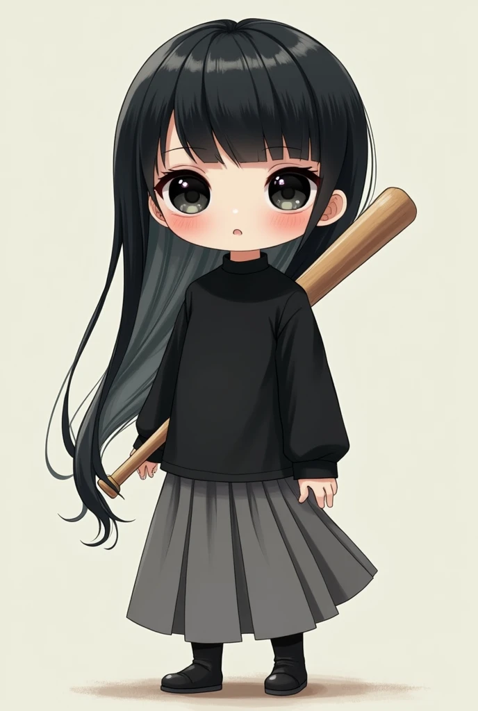 An anime style male doll with a round head, black eyes, long hair, half of which is gray and the other half is black, a black long sleeve shirt and a gray skirt with a baseball bat.