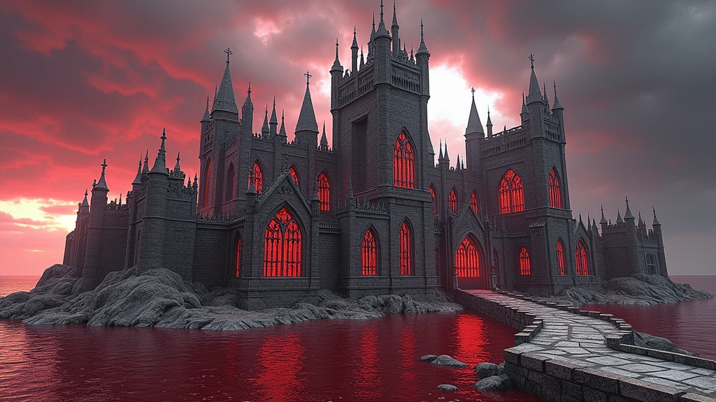 Majestic Gothic CastleThe castle stands imposingly in a setting of sinister and grandiose beauty. Its tall, thin towers, covered in dark, polished stones, seem to touch the reddish sky. The castle walls are adorned with intricate gargoyles and stained glass windows with wrought iron patterns., that project shadows and red lights over the interior corridors.The structure is surrounded by a deep and enigmatic red sea, whose waves shine with a scarlet hue, reflecting the red light of the sky. The sea, sometimes calm, sometimes agitated, seems to pulse with a mystical energy. The castle is situated on a small island, accessible only by a stone path that emerges from the red waters like a ghostly bridge.The sky above is a vast expanse of burnt reds and oranges, with dark, dense clouds moving slowly, casting an ominous and dramatic light on the castle. The glow of the red sky illuminates the Gothic architecture of the castle, accentuating its majestic and imposing appearance.