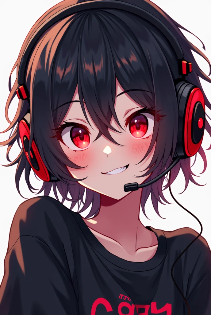 Light skin anime girl, crimson red eyes, messy black and red hair, With a light smile, wearing black and red gaming headsets and a black sweatshirt