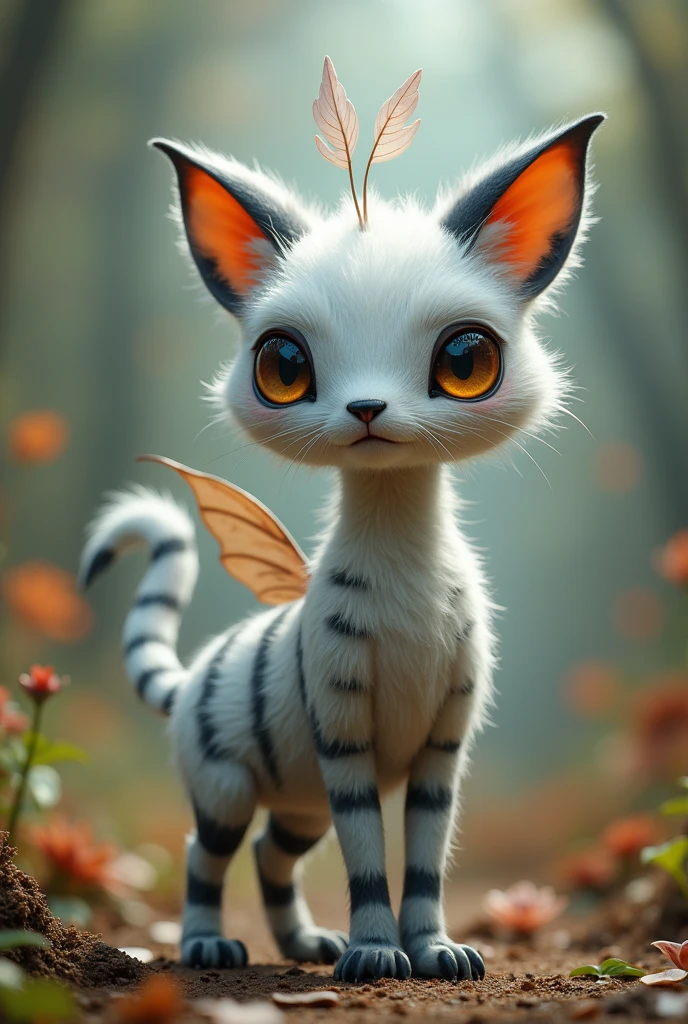 A creature that has a cylindrical body, an elongated head, eight legs, two eyes, a small black nose, floppy ears, a long fluffy tail, a pair of wings, and that the color of its fur is white with black stripes