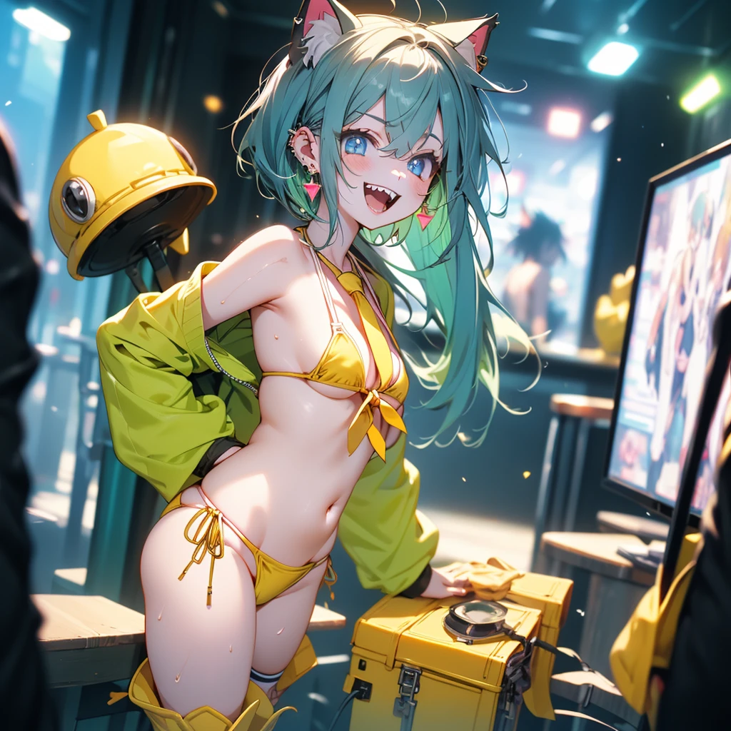 (8k, RAW Photo, Top Quality, Refined Details, Masterpiece: 1.2), (High Resolution 8k Wallpaper), Sharp Focus, Professional Lighting, Depth of Field, Cinematic Lighting, Background Blur, (1Girl:1.2), (small breasts:1.6), (A fluffy tail grows from around the tailbone.: 1.2), Smile, whole body, (white knee-high socks: 1.2), (green hair: 1.2), (bikini: 1.4), (yellow tie: 1.4), (yellow boots: 1.4), animal ears, short hair, earrings, cat ears,blue eyes, standing looking back,