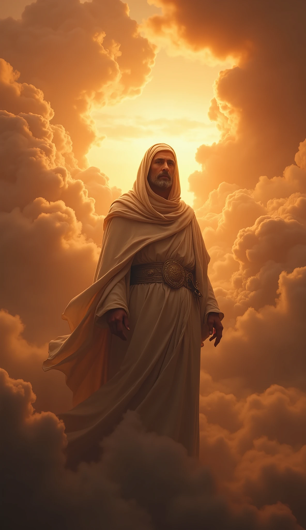 Ultra-realistic 8k Image, an image of the prophet Messiah, in the background the clouds in dark orange tones