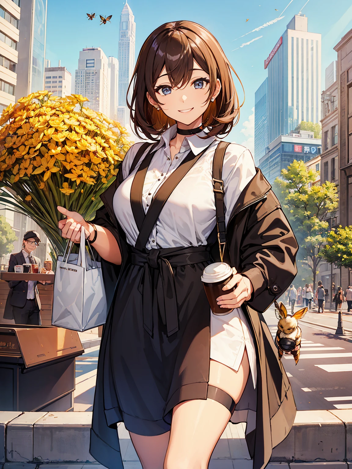 Coffee time for the bee beauty。Smiling and looking at camera。Realistic honeybee。Big city streetscape in the background。